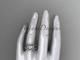 Unique 14k white gold diamond flower, leaf and vine wedding ring set ADLR224S - Vinsiena Designs