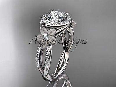 14kt white gold diamond floral engagement ring "Forever One" Moissanite ADLR127 - Vinsiena Designs