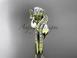 Unique 14k yellow gold diamond leaf wedding ring, engagement set ADLR225S - Vinsiena Designs