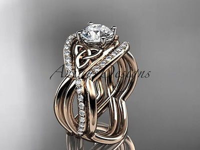 14kt rose gold celtic trinity knot wedding set,double band One Moissanit CT790S