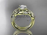Unique 14k yellow gold diamond leaf and vine wedding ring Moissanite ADLR224S - Vinsiena Designs