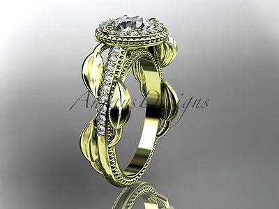 14k yellow gold diamondleaf and vine engagement "Forever One" Moissanite ADLR229 - Vinsiena Designs