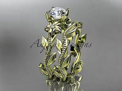Unique 14k yellow gold diamond engagement set "Forever One" Moissanite ADLR238S - Vinsiena Designs