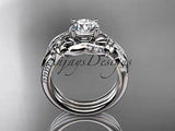 Unique 14k white gold diamond leaf and vine wedding ring Moissanite ADLR224S - Vinsiena Designs