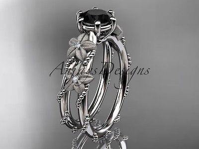 14kt white gold diamond floral engagement ring with Black Diamond ADLR66 - Vinsiena Designs
