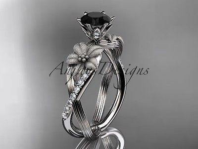 14kt white gold diamond flower engagement ring Black Diamond ADLR221 - Vinsiena Designs