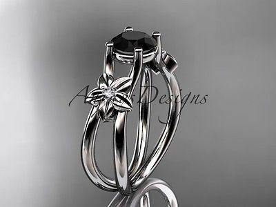 14kt white gold diamond floral wedding ring, engagement Black Diamond ADLR130 - Vinsiena Designs