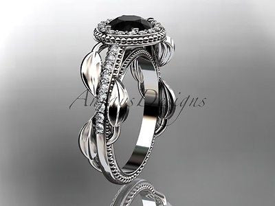 Platinum diamond leaf and vine engagement ring, enhanced Black Diamond ADLR229 - Vinsiena Designs