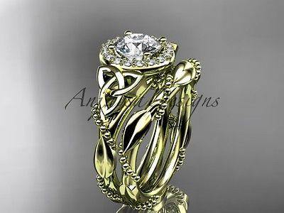 14kt yellow gold diamond celtic trinity knot, Moissanite, engagement set CT7328S - Vinsiena Designs
