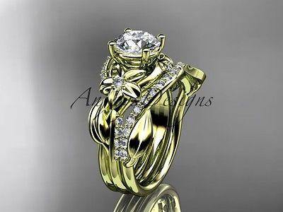 Unique 14k yellow gold diamond leaf and vine wedding ring Moissanite ADLR224S - Vinsiena Designs
