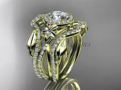 14k yellow gold diamond wedding set, double band "Forever One"Moissanite ADLR89 - Vinsiena Designs