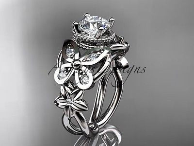 14kt white gold diamond floral, engagement ring "Forever One" Moissanite ADLR136 - Vinsiena Designs