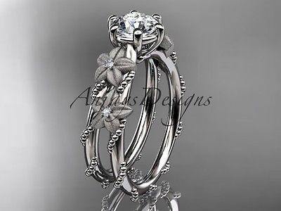 14kt white gold diamond floral engagement ring One Moissanite ADLR66 - Vinsiena Designs