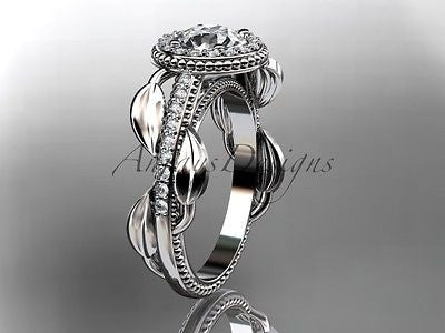 Platinum diamond leaf and vine engagement ring, "Forever One" Moissanite ADLR229 - Vinsiena Designs