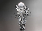 14kt white gold diamond floral wedding ring, engagement set AP127S - Vinsiena Designs