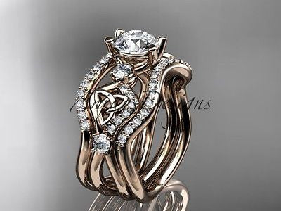 14kt rose gold celtic trinity knot engagement ring, double matching band CT768S - Vinsiena Designs