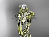 Unique 14k yellow gold diamond leaf wedding ring, engagement set ADLR225S - Vinsiena Designs