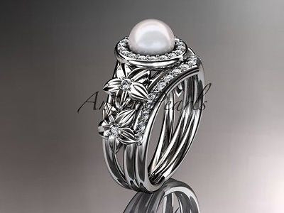 14kt white gold diamond floral wedding ring, engagement set AP131S - Vinsiena Designs