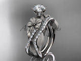 Unique 14k white gold diamond leaf and vine wedding,engagement ring set ADLR221S - Vinsiena Designs