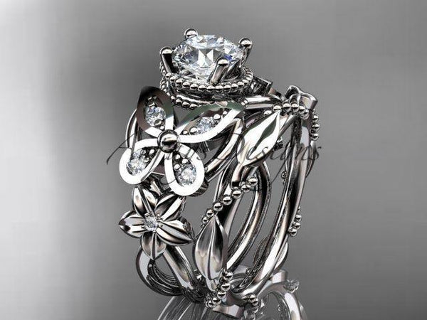 14kt white gold diamond floral, butterfly wedding ring, engagement set ADLR136S - Vinsiena Designs