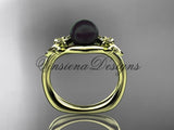 14k yellow gold Fleur de Lis, Round Tahitian Black Cultured Pearl engagement ring VBP10022 - Vinsiena Designs