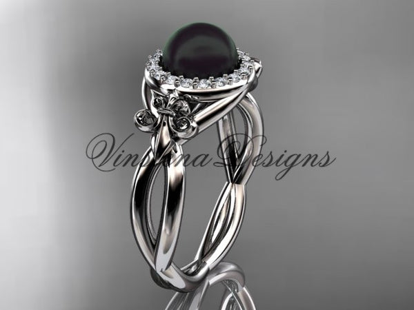 14kt white gold diamond Fleur de Lis, Round Tahitian Black Cultured Pearl, halo engagement ring VBP10023 - Vinsiena Designs