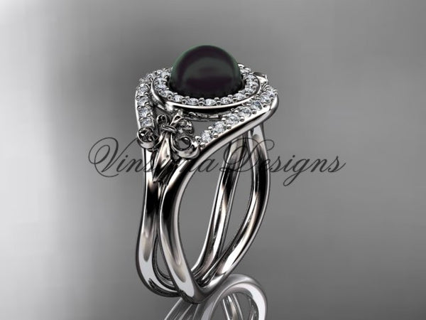 14kt white gold diamond Fleur de Lis, Round Tahitian Black Cultured Pearl engagement ring VBP10025 - Vinsiena Designs
