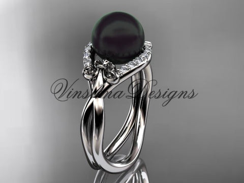 14kt white gold diamond Fleur de Lis, Round Tahitian Black Cultured Pearl engagement ring VBP10026 - Vinsiena Designs