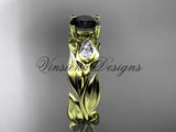 14k yellow gold leaf and vine,  tulip flower engagement ring, Black Diamond VD10049 - Vinsiena Designs