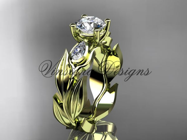 14k yellow gold leaf and vine,  tulip flower engagement ring, "Forever One" Moissanite VD10049 - Vinsiena Designs
