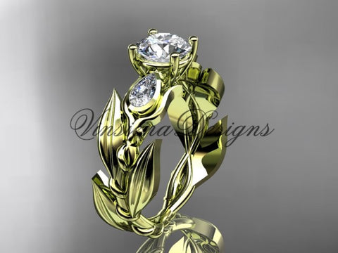 14k yellow gold leaf and vine, tulip flower engagement ring, "Forever One" Moissanite VD10050 - Vinsiena Designs