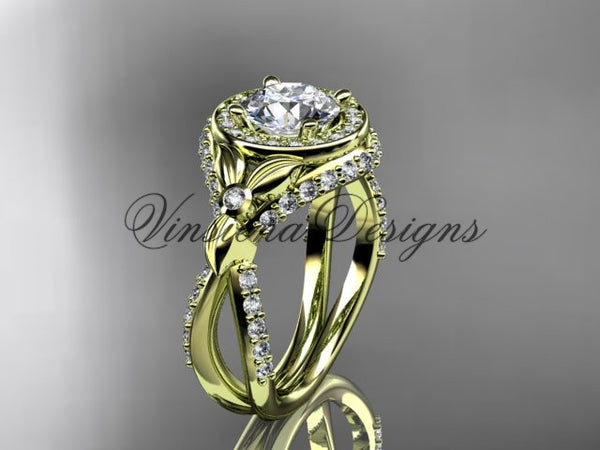 14k yellow gold leaf and vine, flower engagement ring, "Forever One" Moissanite VD10065 - Vinsiena Designs