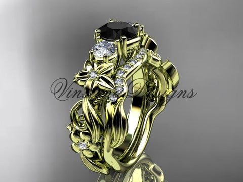 14k yellow gold Three stone engagement ring set, Black Diamond VD10066S - Vinsiena Designs