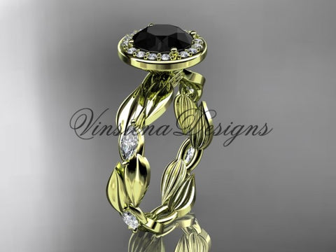 14k yellow gold leaf and vine engagement ring, Black Diamond VD10076 - Vinsiena Designs