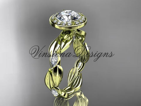 14k yellow gold leaf and vine engagement ring, "Forever One" Moissanite VD10076 - Vinsiena Designs