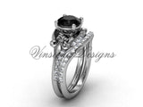 14kt white gold diamond Fleur de Lis, wedding band, engagement ring, enhanced Black Diamond engagement set VD208125S - Vinsiena Designs