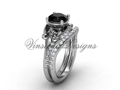 Platinum diamond Fleur de Lis, wedding band, enhanced Black Diamond engagement set VD208125S