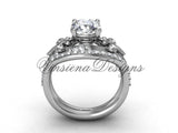 14kt white gold diamond Fleur de Lis, wedding band, eternity engagement ring, "Forever One" Moissanite engagement set VD208125S - Vinsiena Designs
