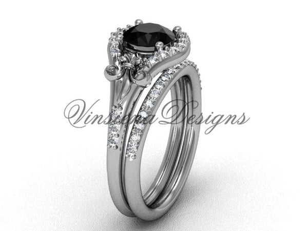 14kt white gold diamond Fleur de Lis,wedding band, eternity engagement ring, Black Diamond engagement set VD208126S - Vinsiena Designs