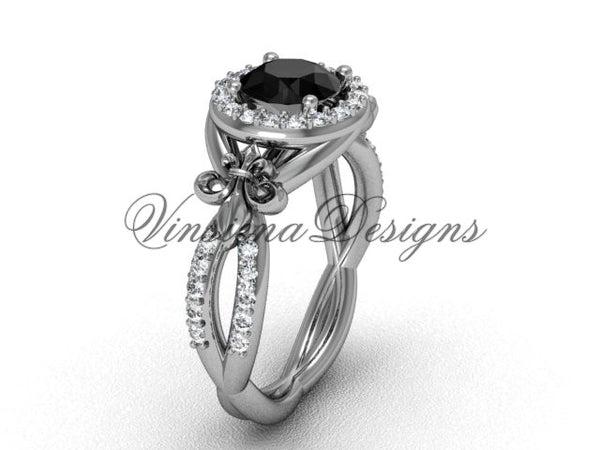 14kt white gold diamond Fleur de Lis, halo, eternity engagement ring, enhanced Black Diamond VD208127 - Vinsiena Designs