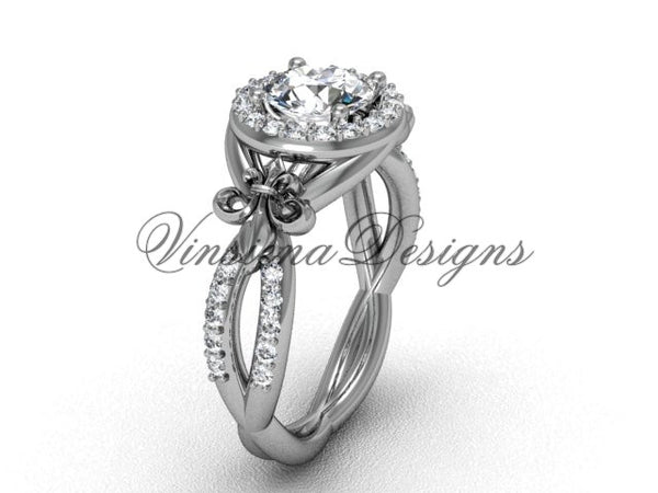 14kt white gold diamond Fleur de Lis, halo, eternity engagement ring, One Moissanite VD208127 - Vinsiena Designs