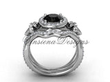 14kt white gold diamond Fleur de Lis, halo engagement ring, wedding band, Black Diamond engagement set VD20889S - Vinsiena Designs