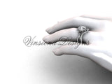 14kt white gold diamond Fleur de Lis, halo engagement ring, wedding band, "Forever One" Moissanite engagement set VD20889S - Vinsiena Designs