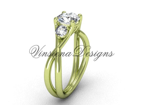 Unique 14kt yellow gold Three stone engagement ring, "Forever One" Moissanite VD8212 - Vinsiena Designs