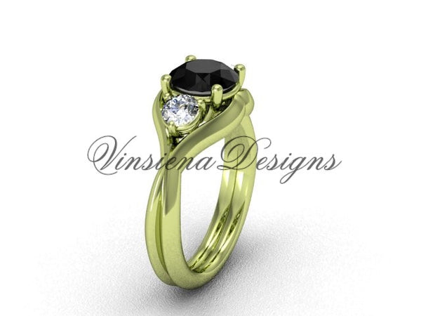 Unique 14kt yellow gold Three stone engagement ring, Black Diamond VD8220 - Vinsiena Designs