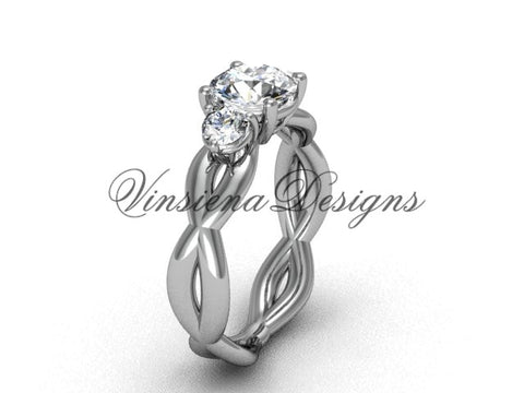 Unique 14k white gold Three stone engagement ring, "Forever One" Moissanite VD8405 - Vinsiena Designs