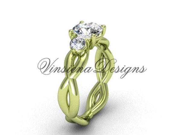 Unique 14kt yellow gold Three stone engagement ring, "Forever One" Moissanite VD8405 - Vinsiena Designs
