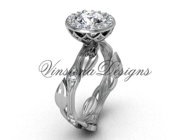 platinum diamond leaf and vine engagement ring, "Forever One" Moissanite VF301002 - Vinsiena Designs