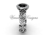 platinum diamond leaf and vine engagement ring, Black Diamond  VF301006 - Vinsiena Designs