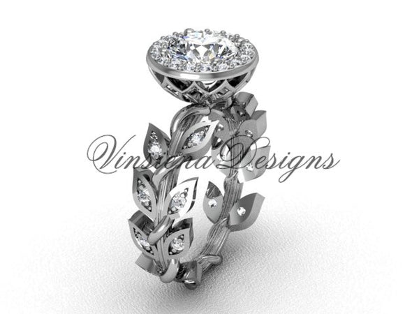 platinum diamond leaf and vine engagement ring, "Forever One" Moissanite  VF301006 - Vinsiena Designs